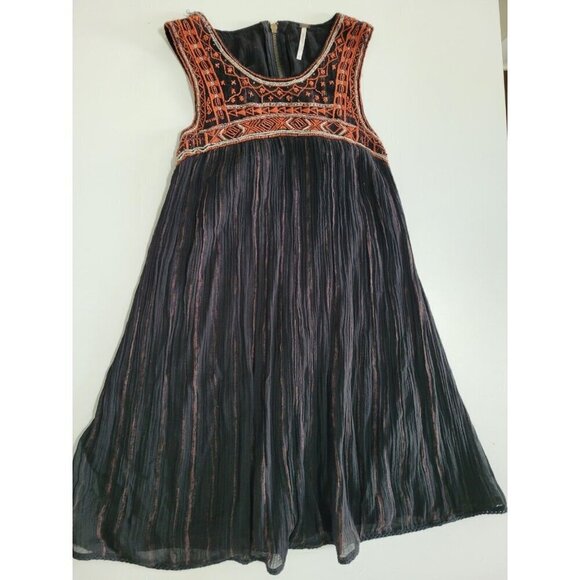 Free People Size 0 Aztec Bib Dress Black Rust Beaded Embroidered Gauze Festival - Picture 1 of 11
